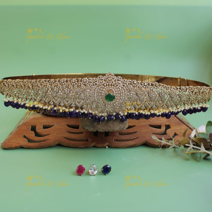 Grand Floral design white finish victorian ad hipbelt with interchangeable stones and blue beads