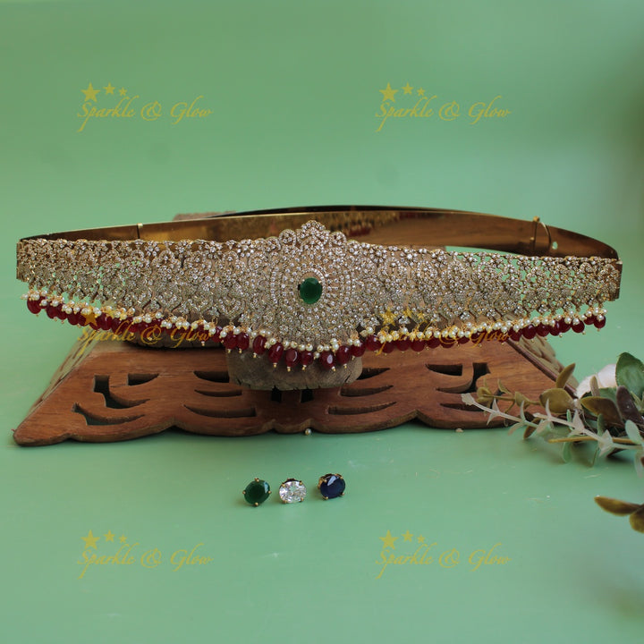 Grand Floral design white finish victorian ad hipbelt with interchangeable stones and blue beads