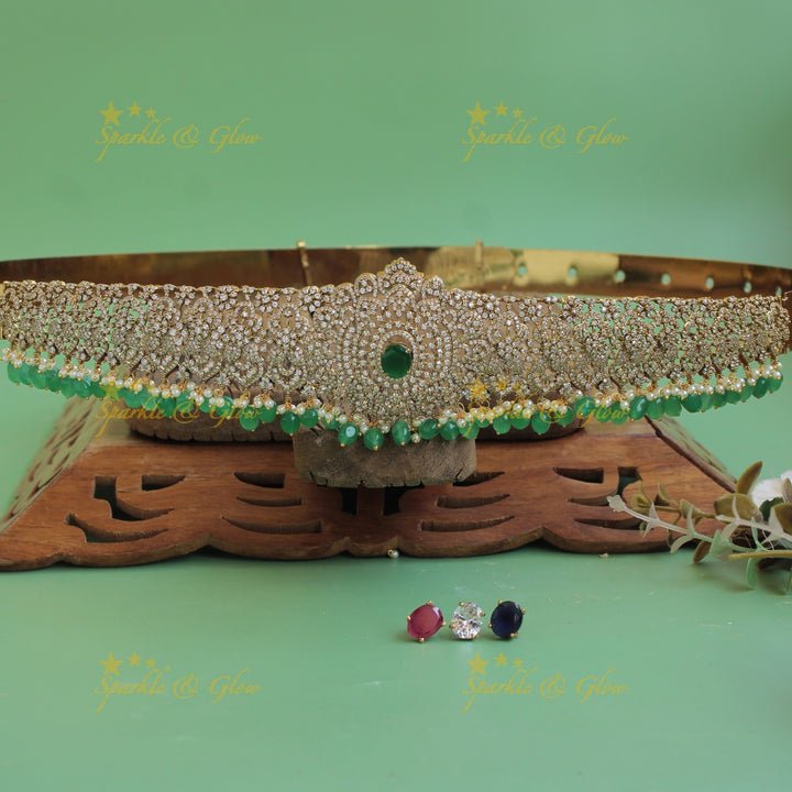 Grand Floral design white finish victorian ad hipbelt with interchangeable stones and blue beads