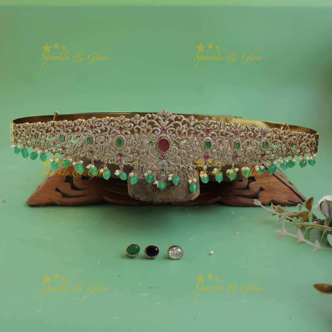 Elegant flower design gold finish victorian ad hipbelt with interchangeable stones and mint green beads