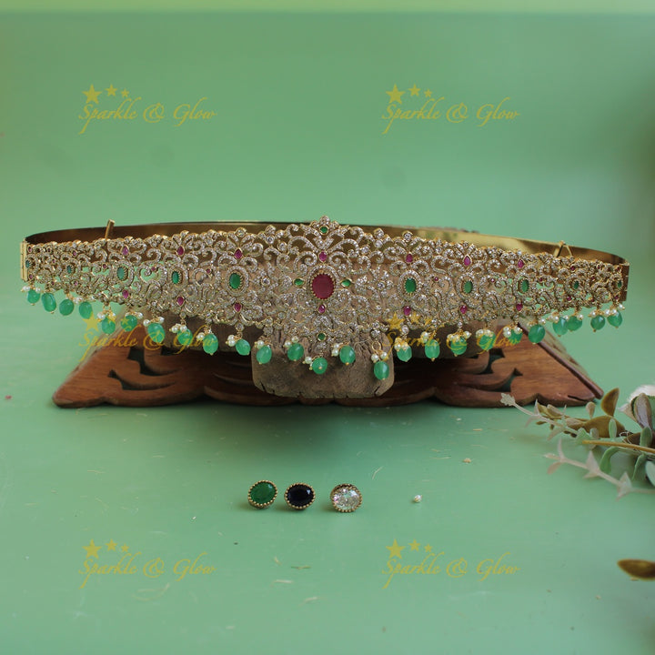 Elegant flower design gold finish victorian ad hipbelt with interchangeable stones and mint green beads