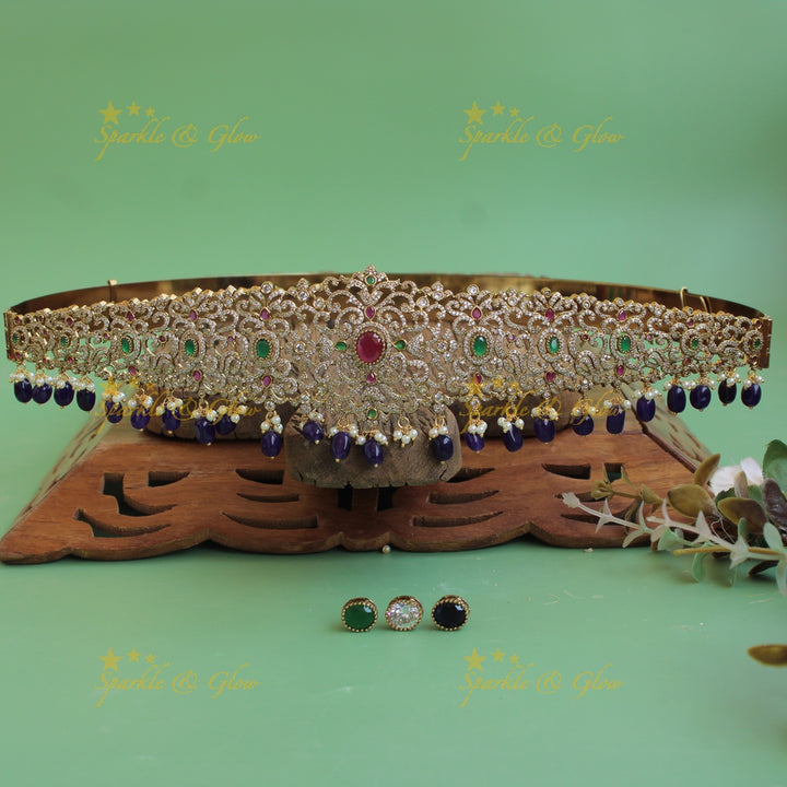 Elegant flower design gold finish victorian ad hipbelt with interchangeable stones and mint green beads