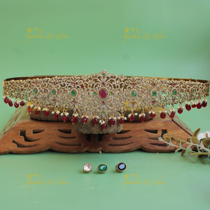 Elegant flower design gold finish victorian ad hipbelt with interchangeable stones and mint green beads