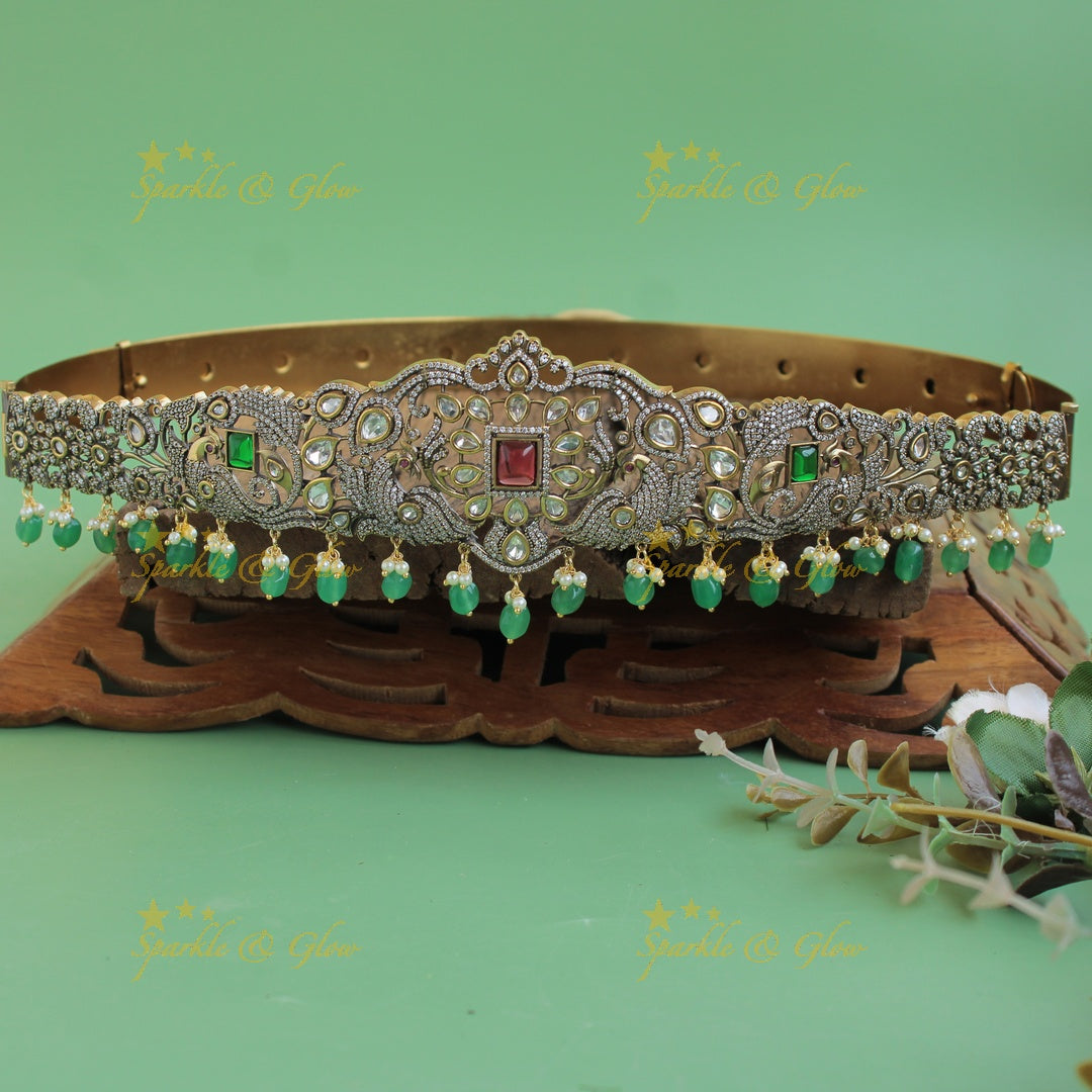 Beautiful peacock floral design black finish victorian ad hipbelt with multi colour stones and mint green beads