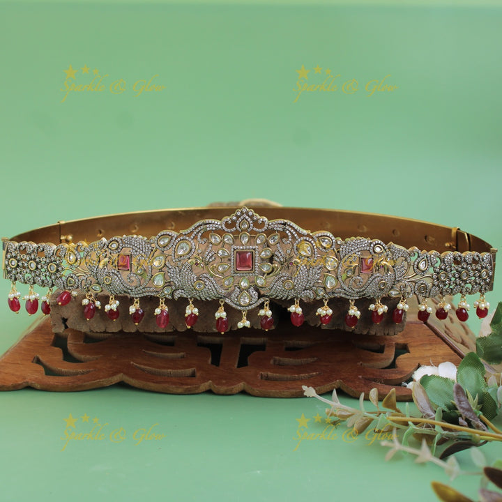 Beautiful peacock floral design black finish victorian ad hipbelt with multi colour stones and mint green beads