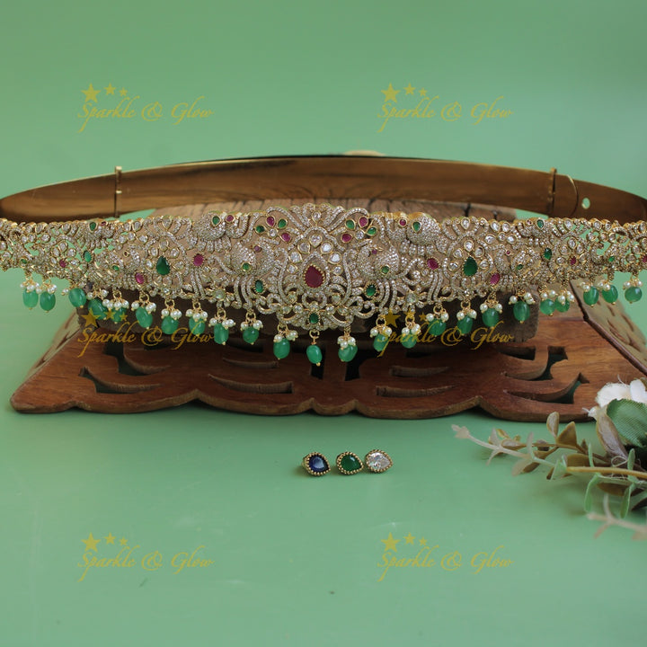 Statement Floral peacock design gold finish victorian ad hipbelt with interchangeable stones and mint green beads