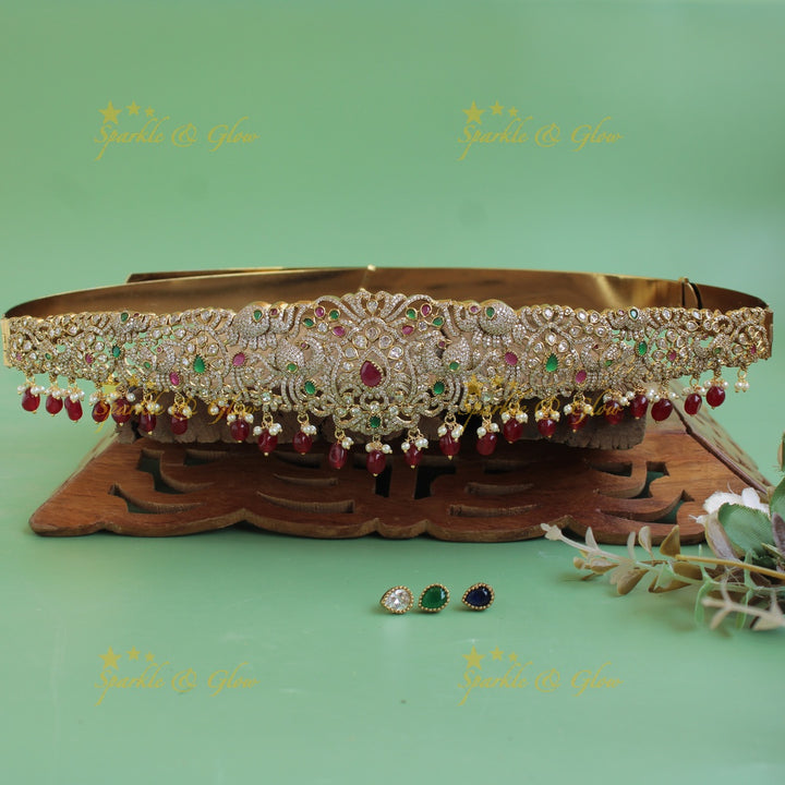 Statement Floral peacock design gold finish victorian ad hipbelt with interchangeable stones and mint green beads