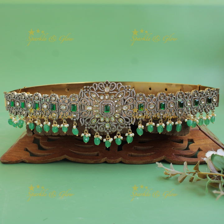 Exclusive Floral leaf design black finish victorian ad hipbelt with green stones and mint green beads