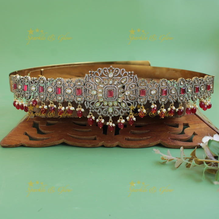 Exclusive Floral leaf design black finish victorian ad hipbelt with green stones and mint green beads