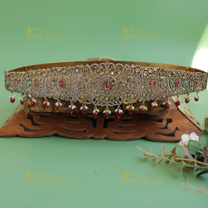 Exclusive Floral peacock design dual finish victorian ad hipbelt with red stones and red beads