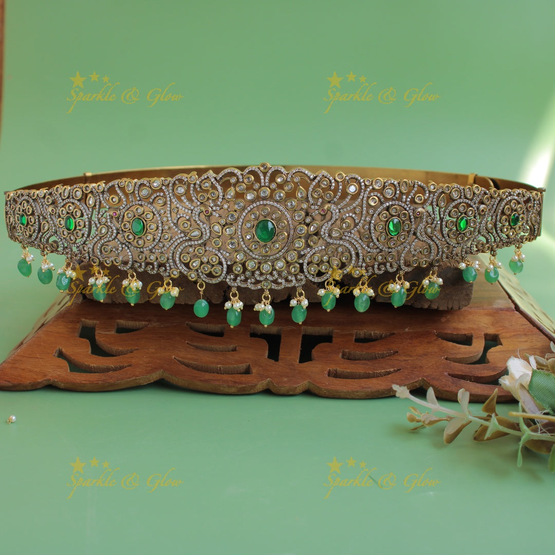 Exclusive Floral peacock design dual finish victorian ad hipbelt with red stones and red beads