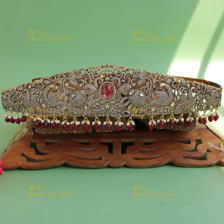 Elegant Elephant peacock carved gold finish victorian ad hipbelt with ruby and red beads