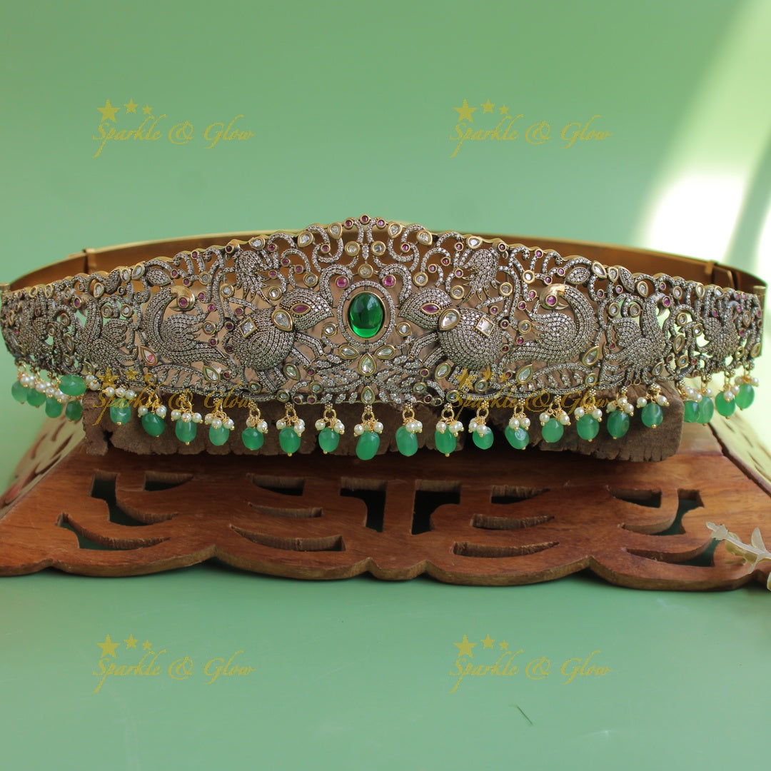 Elegant Elephant peacock carved gold finish victorian ad hipbelt with ruby and red beads