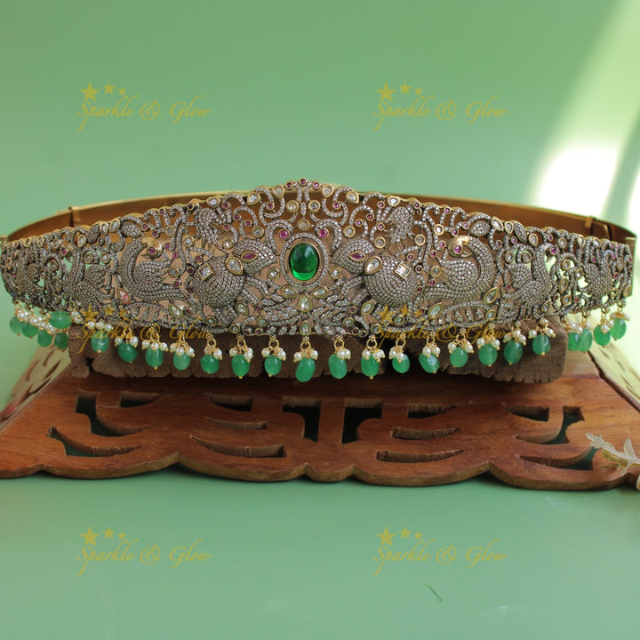 Elegant Elephant peacock carved gold finish victorian ad hipbelt with ruby and red beads