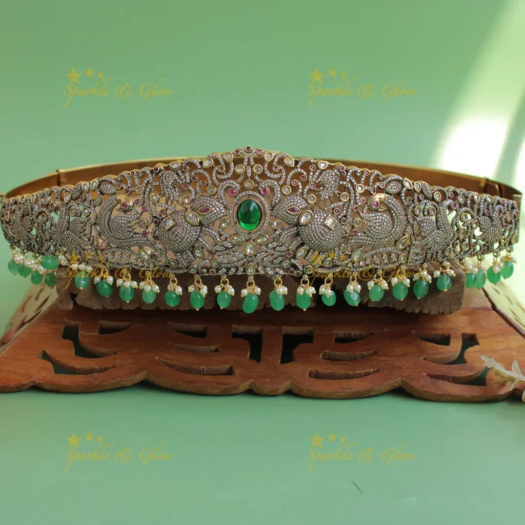 Peacock Ruby Beaded Gold Finish Hipbelt