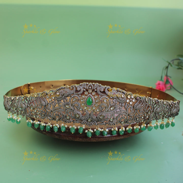 Beautiful Elephant peacock floral design black finish victorian ad hipbelt with emerald and mint green beads