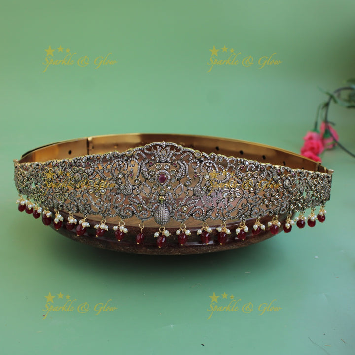 Beautiful Peacock floral design black finish victorian ad hipbelt with stones and maroon beads