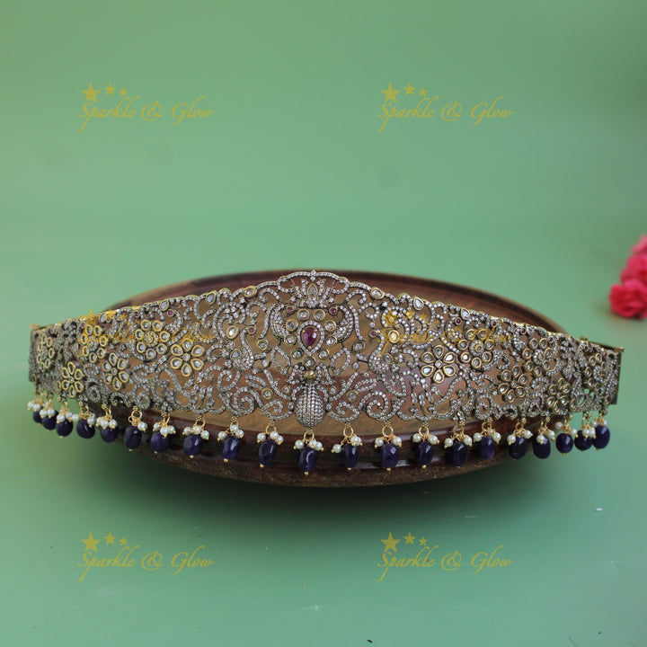 Beautiful Peacock floral design black finish victorian ad hipbelt with stones and maroon beads