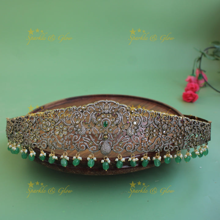 Beautiful Peacock floral design black finish victorian ad hipbelt with stones and maroon beads