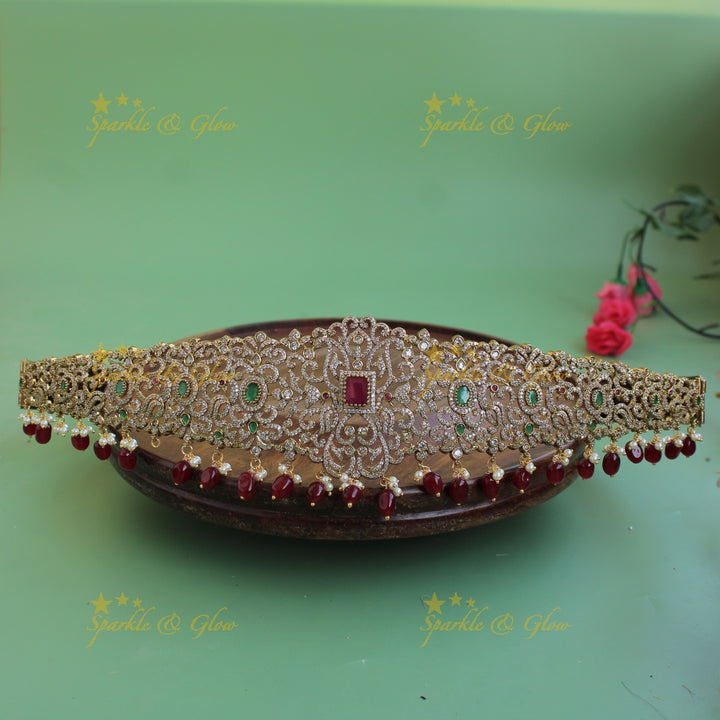 Statement Peacock floral design gold finish victorian ad hipbelt with interchangeable stones and maroon beads