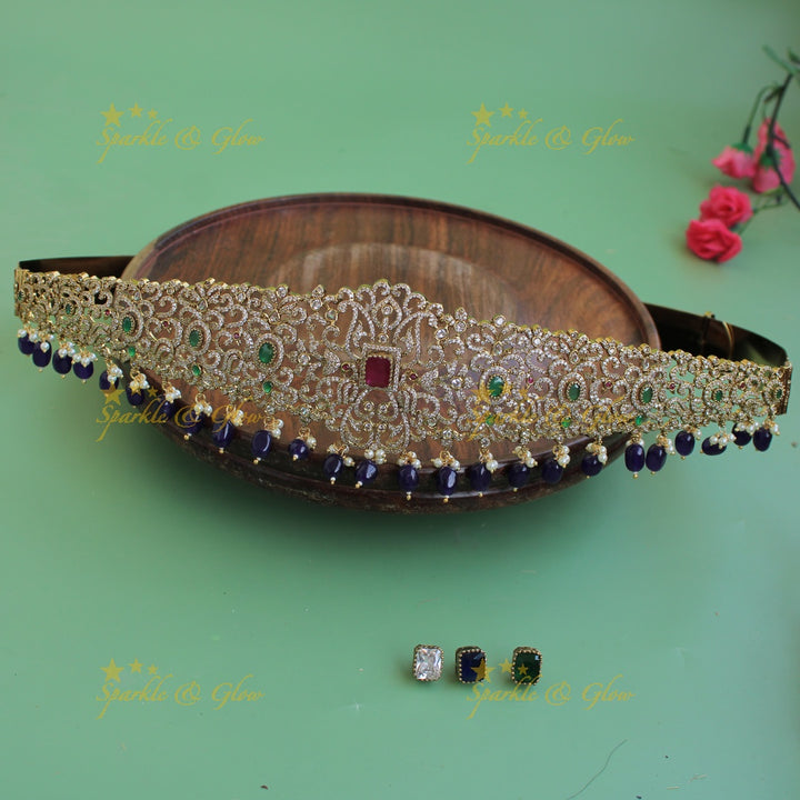 Statement Peacock floral design gold finish victorian ad hipbelt with interchangeable stones and maroon beads