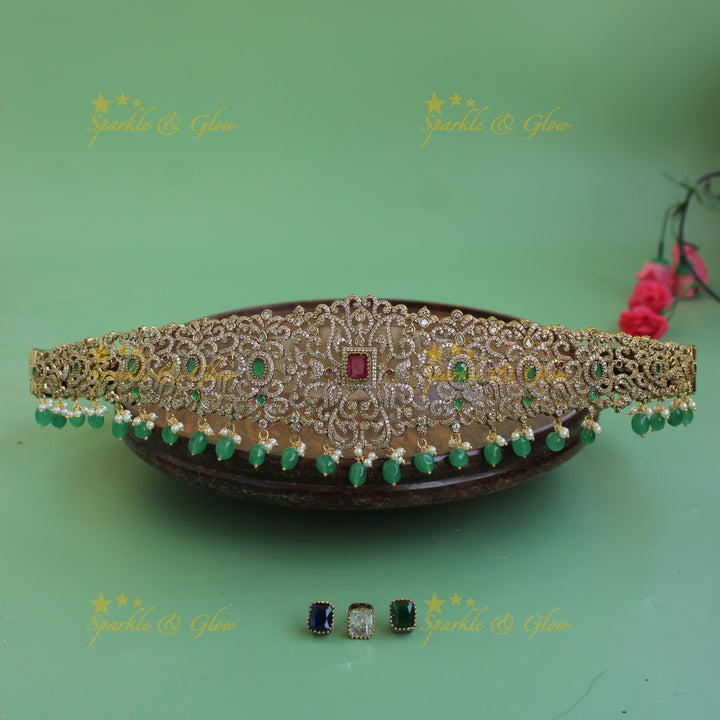Statement Peacock floral design gold finish victorian ad hipbelt with interchangeable stones and maroon beads