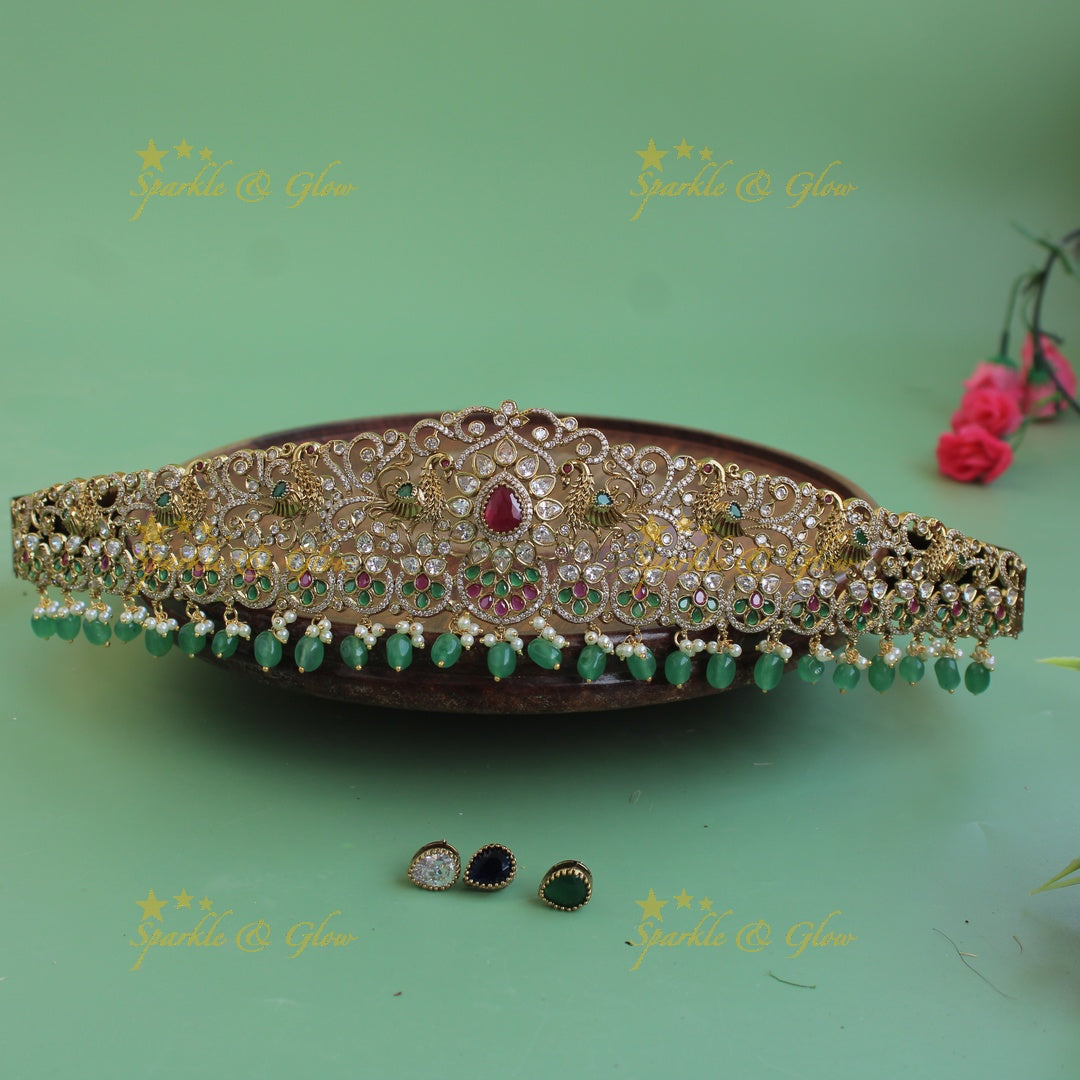 Grand Peacock carved floral gold finish victorian ad hipbelt with interchangeable stones and mint green beads