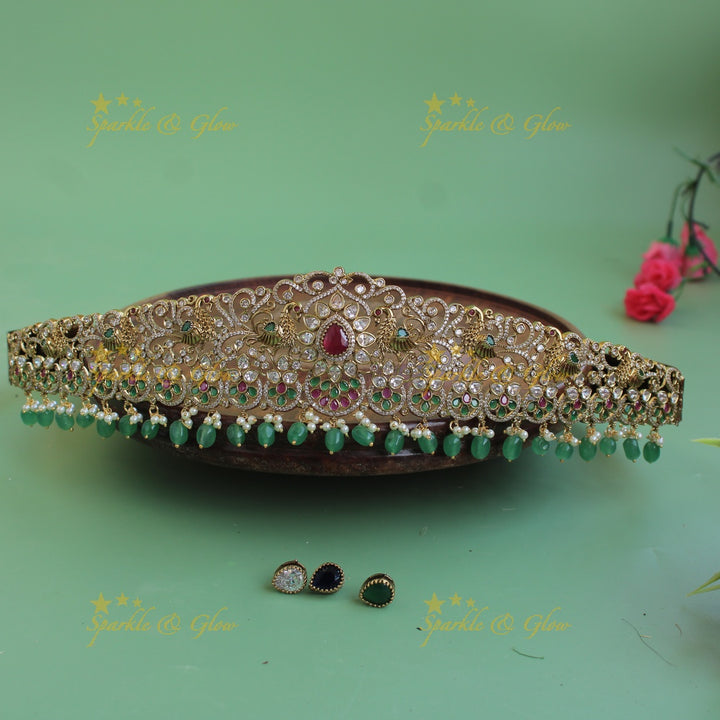 Grand Peacock carved floral gold finish victorian ad hipbelt with interchangeable stones and mint green beads
