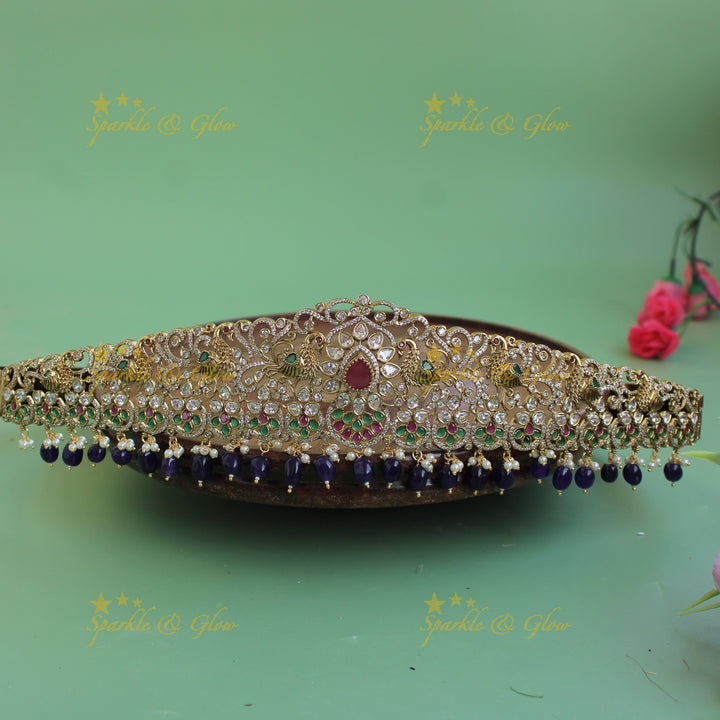 Grand Peacock carved floral gold finish victorian ad hipbelt with interchangeable stones and mint green beads