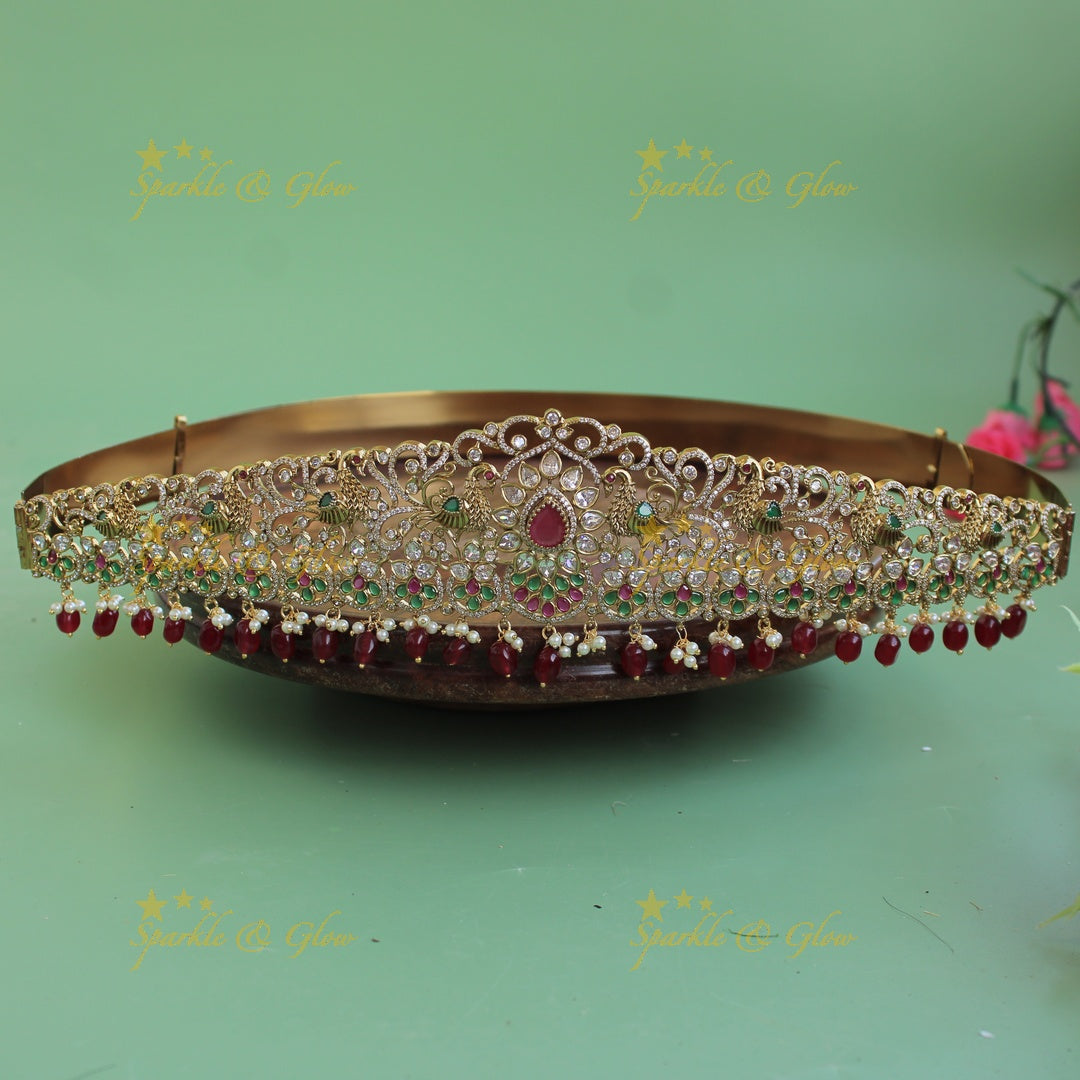 Grand Peacock carved floral gold finish victorian ad hipbelt with interchangeable stones and mint green beads