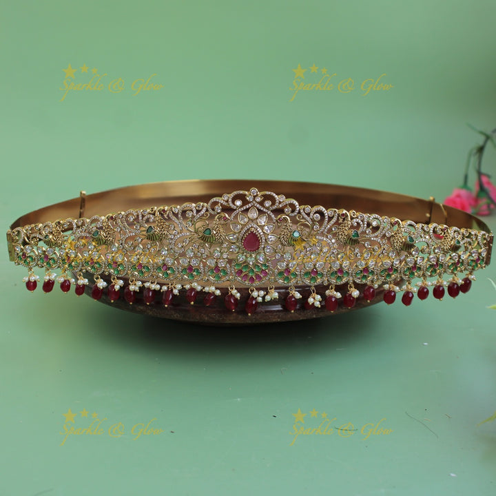 Grand Peacock carved floral gold finish victorian ad hipbelt with interchangeable stones and mint green beads