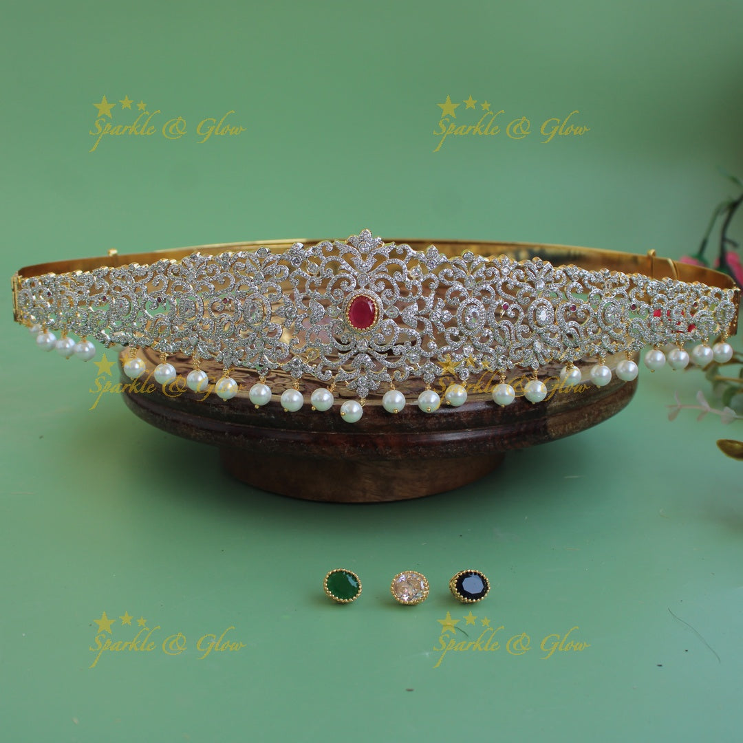 Stunning Flower design american diamond hipbelt with interchangeable stones and pearl drops