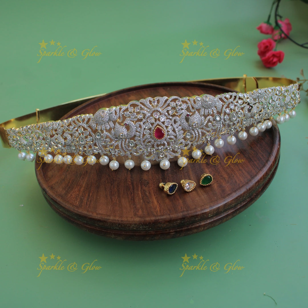 Beautiful Peacock Elephant flower design american diamond hipbelt with interchangeable stones and pearl drops