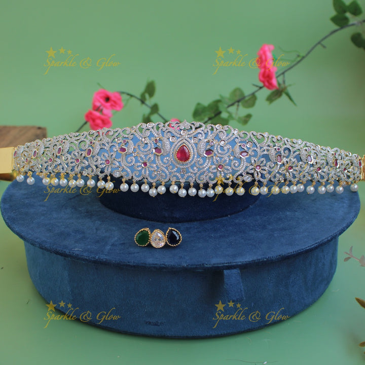 Gorgepus Peacock Floral design american diamond hipbelt with interchangeable stones and pearl drops-ruby