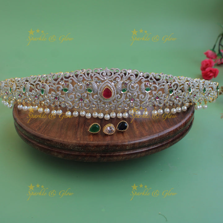 Gorgepus Peacock Floral design american diamond hipbelt with interchangeable stones and pearl drops-ruby