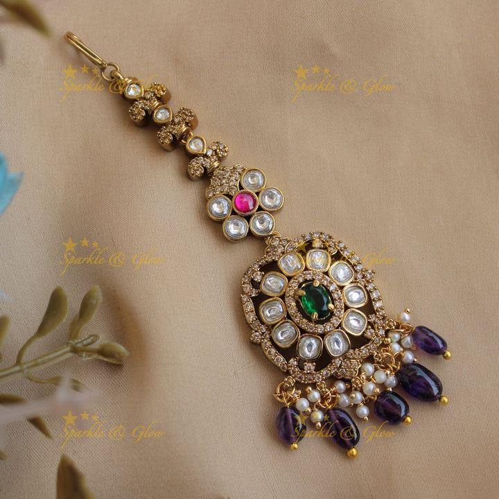 Floral design victorian maang tikka with multi colour stones and purple beads