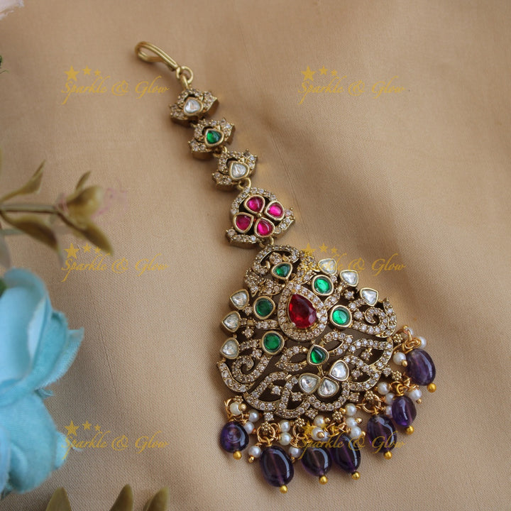 Exclusive Floral victorian maang tikka with maroon and green stone-Purple beads