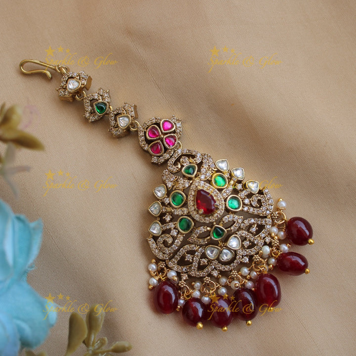 Exclusive Floral victorian maang tikka with maroon and green stone-Purple beads