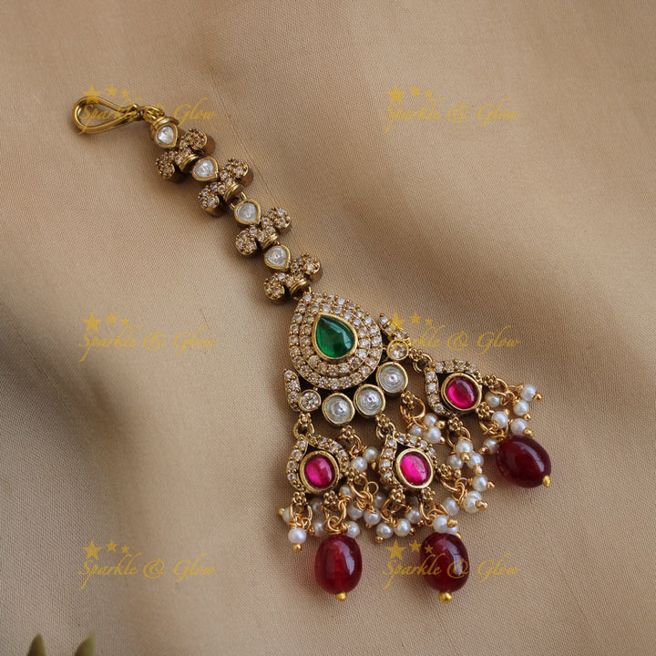 Elegant Floral victorian maang tikka with Maroon beads and Green and maroon stone