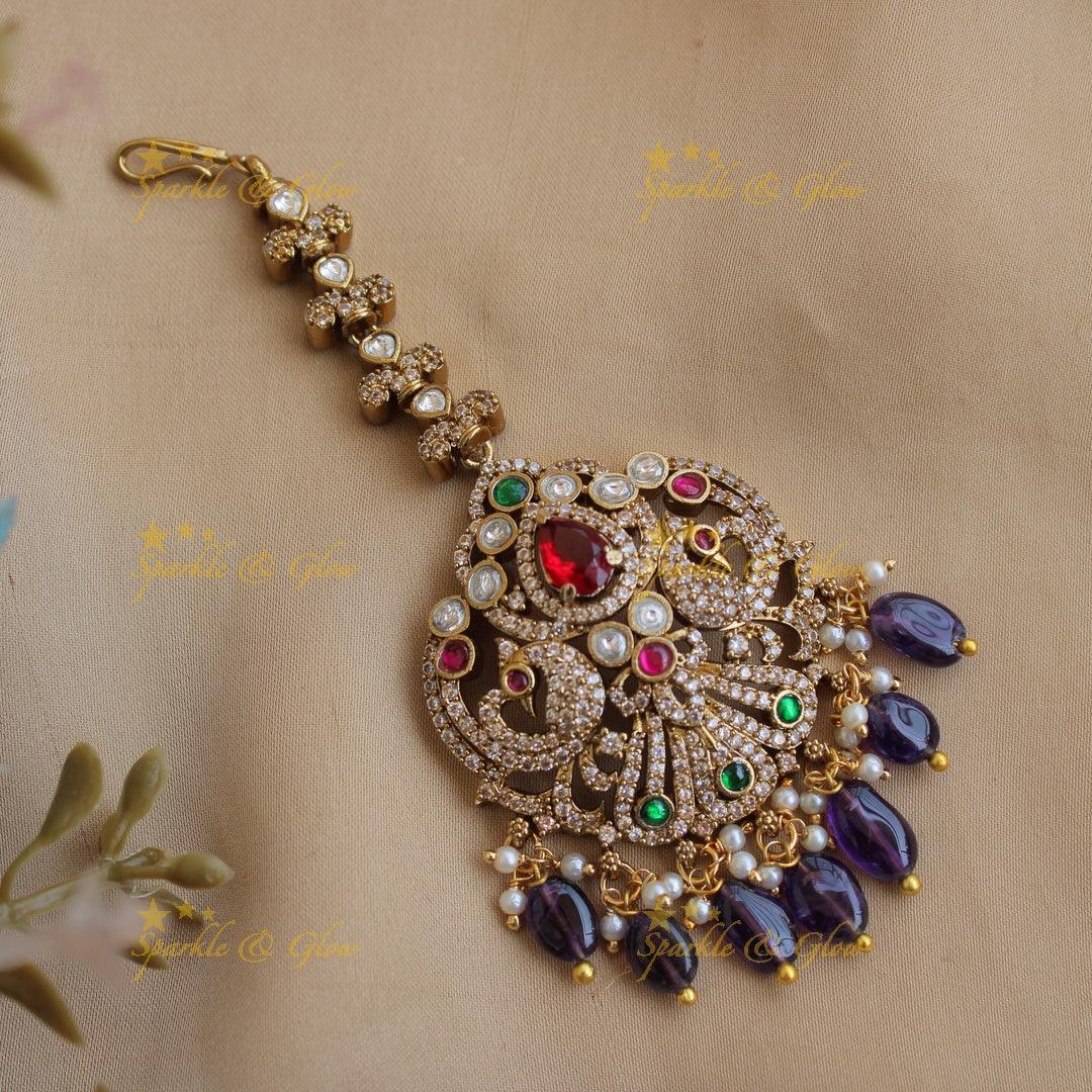 Red Stone Peacock Maang Tikka with Purple Beads