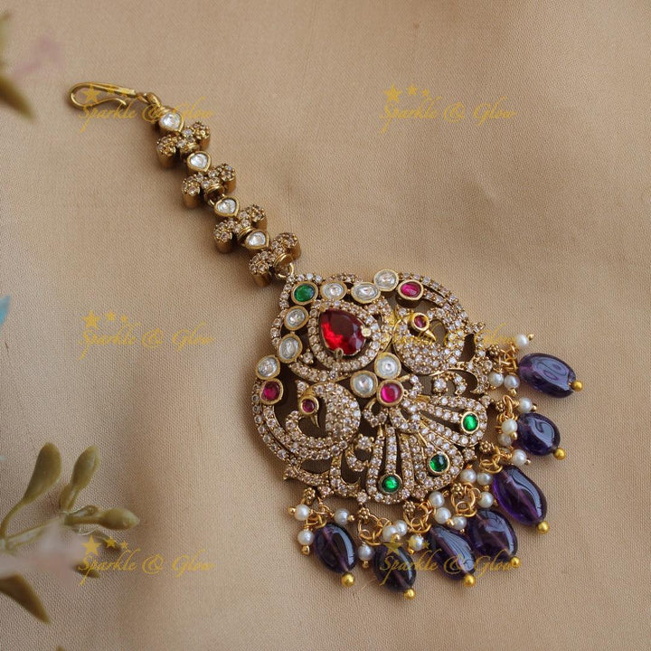 Red Stone Peacock Maang Tikka with Purple Beads