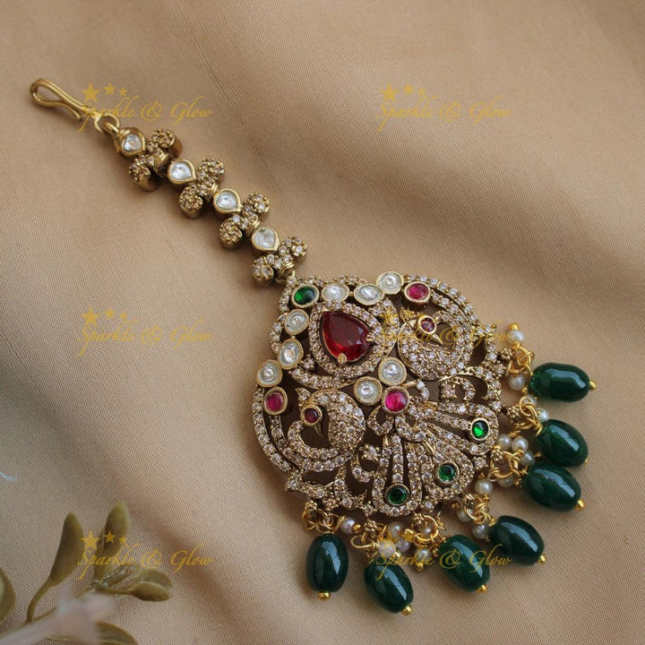 Red Stone Peacock Maang Tikka with Purple Beads