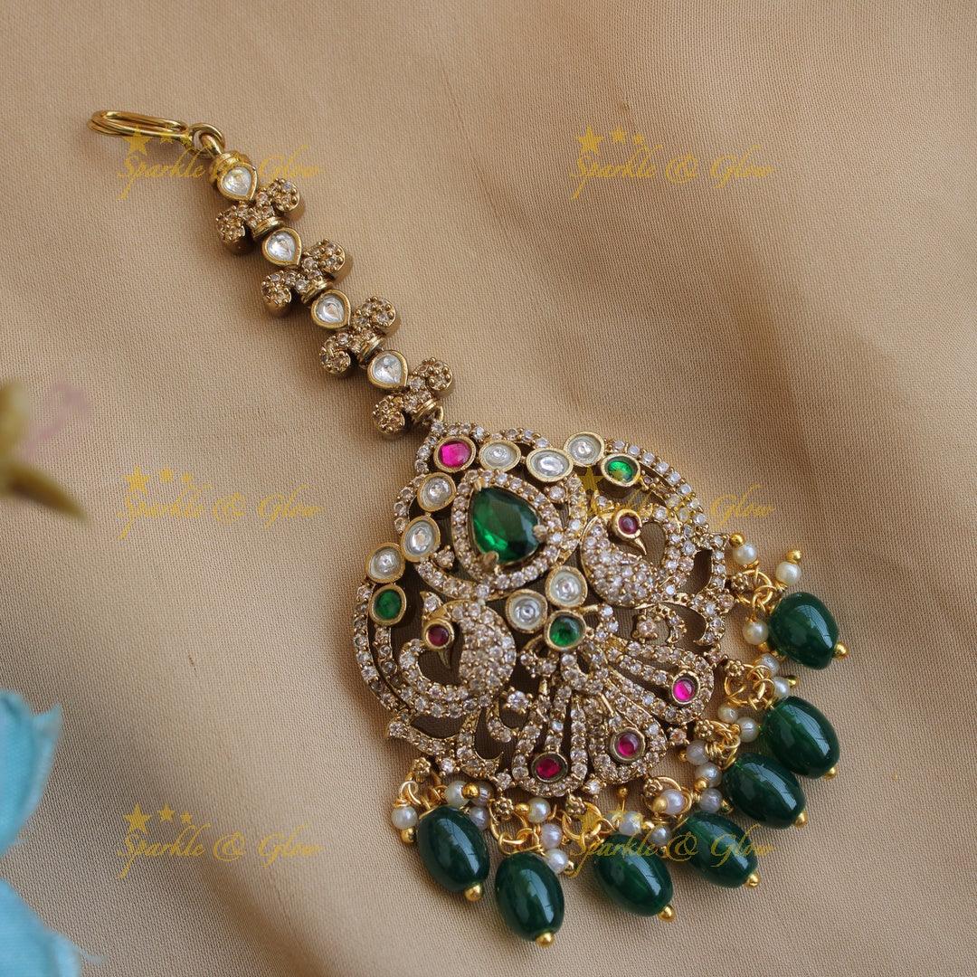 Red Stone Peacock Maang Tikka with Purple Beads