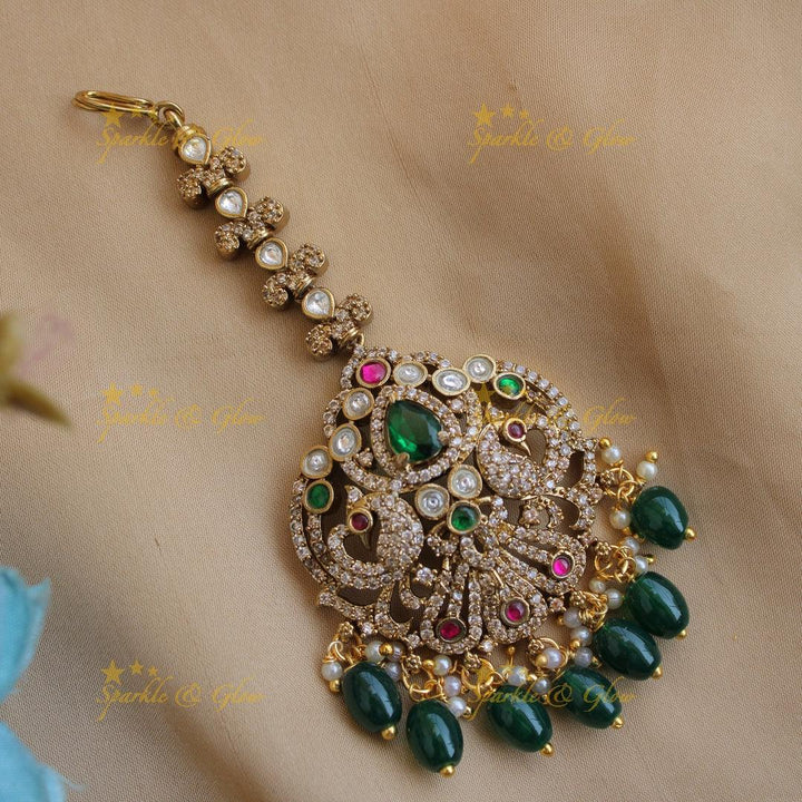 Red Stone Peacock Maang Tikka with Purple Beads
