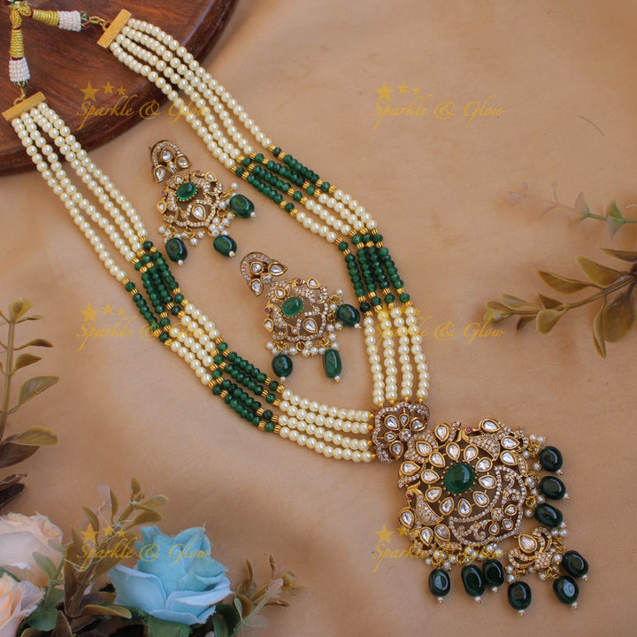 Stunning Floral peacock pendant Victorian AD haram with multi layer pearl and blue beads chain - blue
