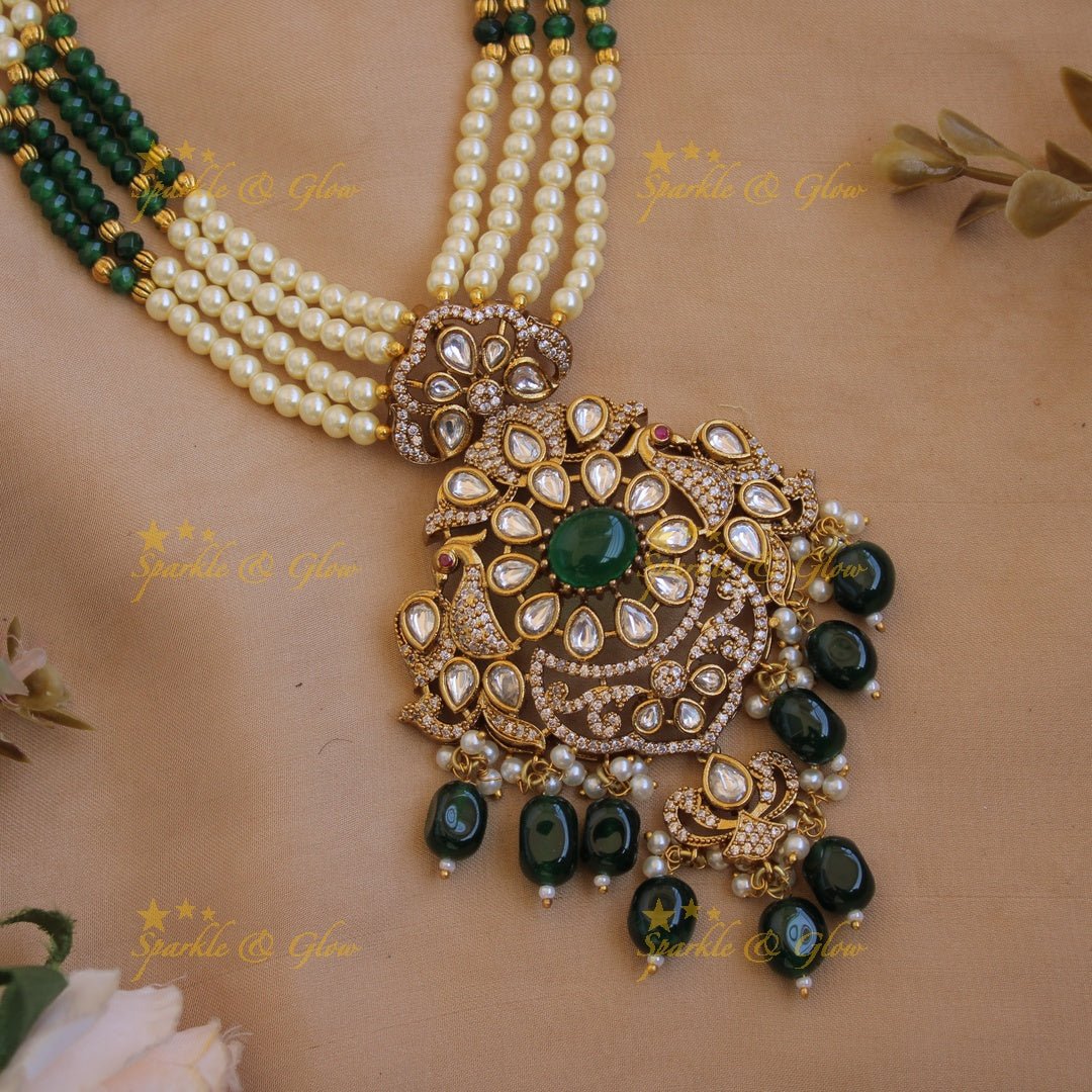 Stunning Floral peacock pendant Victorian AD haram with multi layer pearl and green beads chain - Sparkle and Glow - Back Thread - 