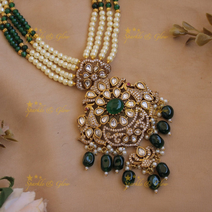 Stunning Floral peacock pendant Victorian AD haram with multi layer pearl and green beads chain - Sparkle and Glow - Back Thread - 
