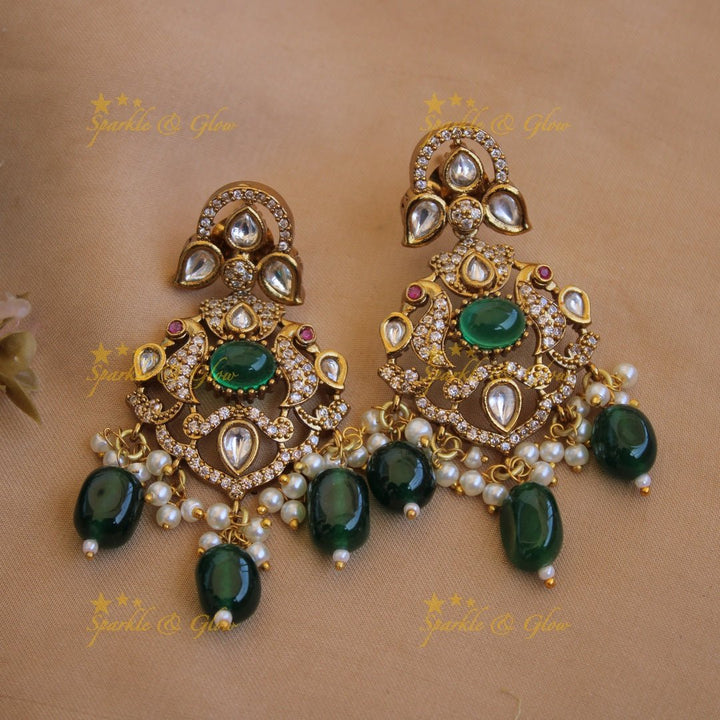 Stunning Floral peacock pendant Victorian AD haram with multi layer pearl and green beads chain - Sparkle and Glow - Back Thread - 