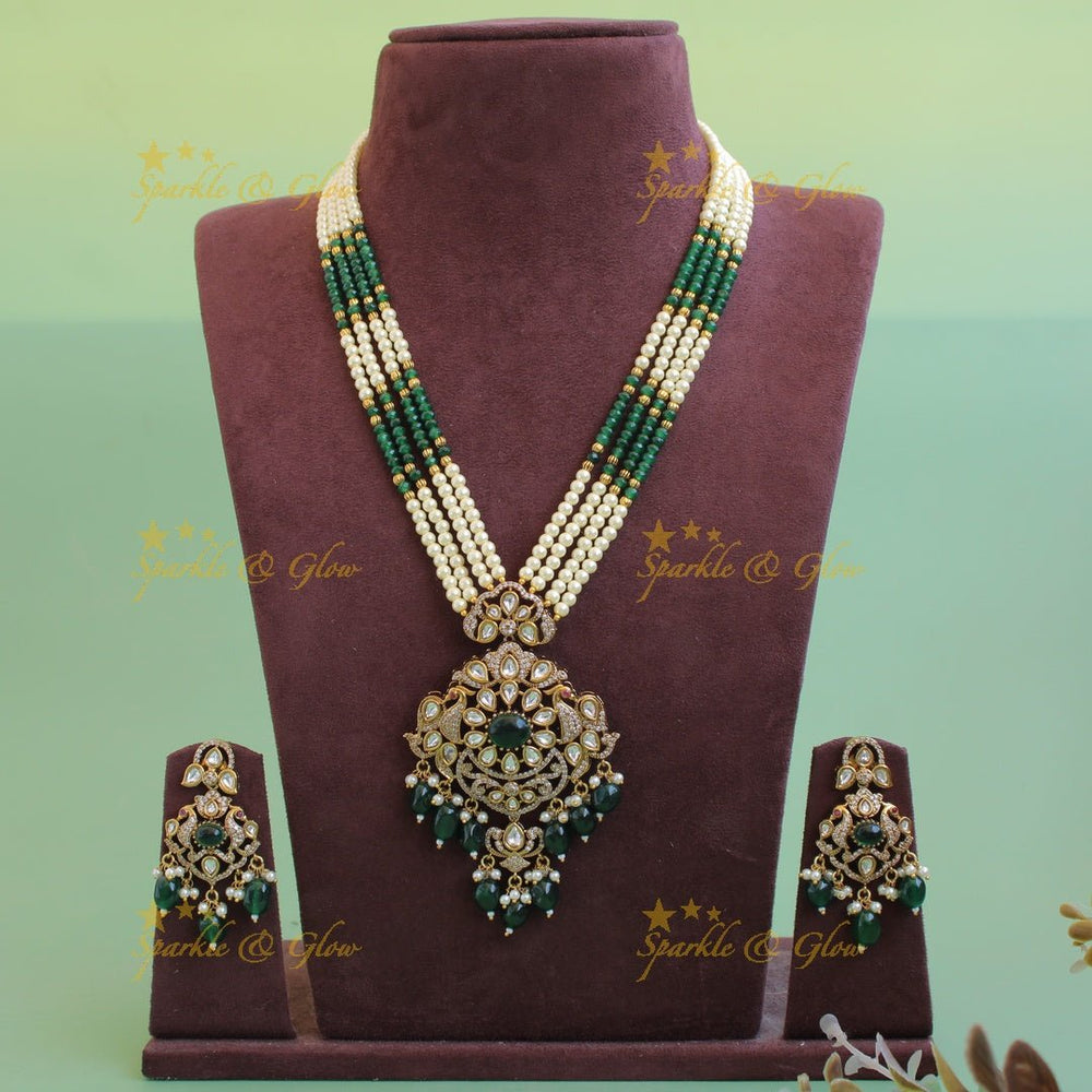 Stunning Floral peacock pendant Victorian AD haram with multi layer pearl and green beads chain - Sparkle and Glow - Back Thread - 