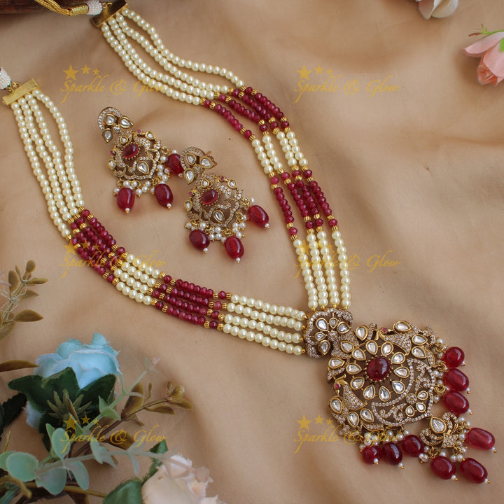 Stunning Floral peacock pendant Victorian AD haram with multi layer pearl and red beads chain - red